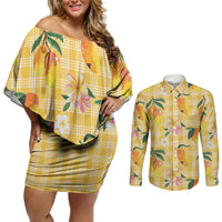 Aloha Hawaii Palaka Print Mango Plumeria Couples Matching Off Shoulder Short Dress and Long Sleeve Button Shirt Fresh Lemon