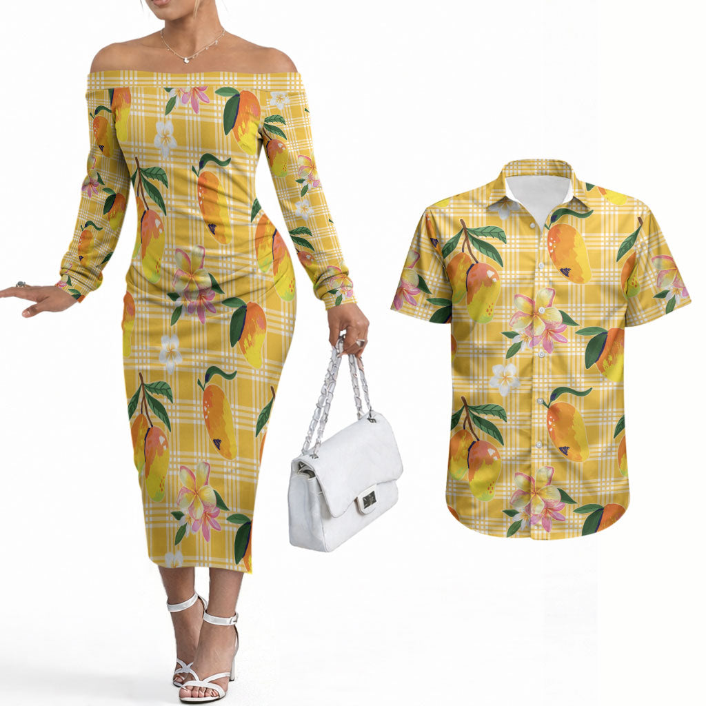 Aloha Hawaii Palaka Print Mango Plumeria Couples Matching Off The Shoulder Long Sleeve Dress and Hawaiian Shirt Fresh Lemon