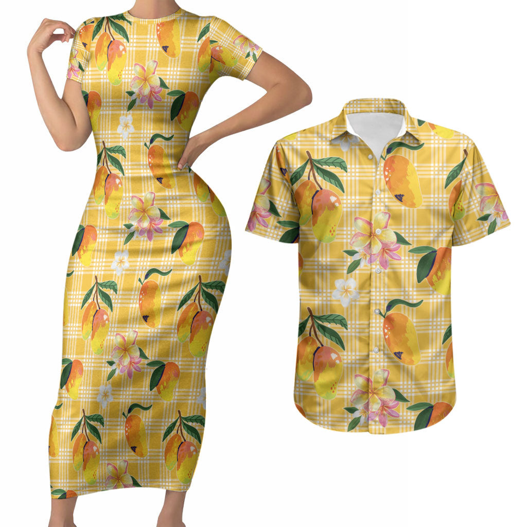 Aloha Hawaii Palaka Print Mango Plumeria Couples Matching Short Sleeve Bodycon Dress and Hawaiian Shirt Fresh Lemon