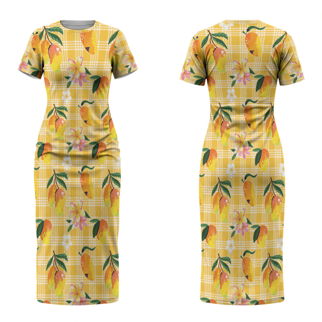 Aloha Hawaii Palaka Print Mango Plumeria Couples Matching Short Sleeve Bodycon Dress and Hawaiian Shirt Fresh Lemon