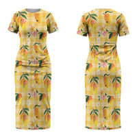 Aloha Hawaii Palaka Print Mango Plumeria Couples Matching Short Sleeve Bodycon Dress and Hawaiian Shirt Fresh Lemon
