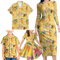 Aloha Hawaii Palaka Print Mango Plumeria Family Matching Long Sleeve Bodycon Dress and Hawaiian Shirt Fresh Lemon