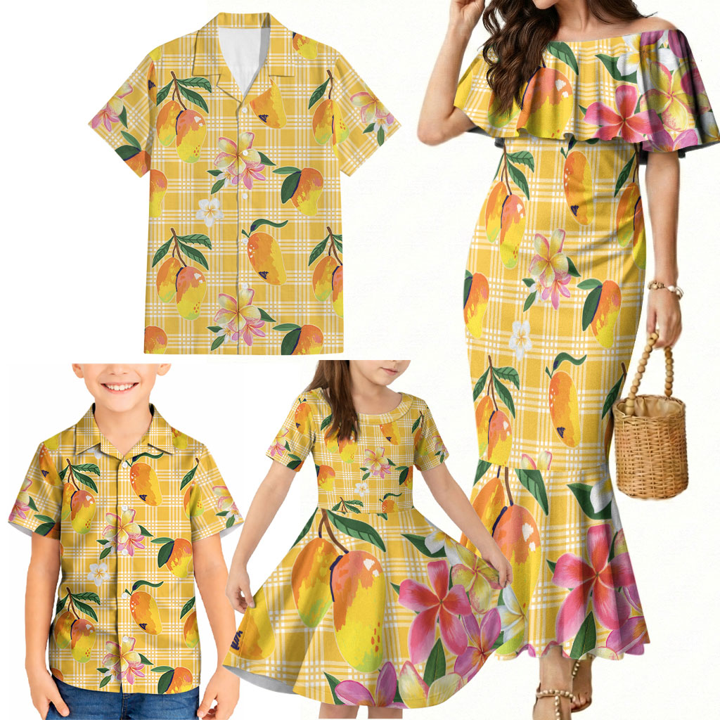 Aloha Hawaii Palaka Print Mango Plumeria Family Matching Mermaid Dress and Hawaiian Shirt Fresh Lemon