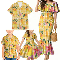 Aloha Hawaii Palaka Print Mango Plumeria Family Matching Mermaid Dress and Hawaiian Shirt Fresh Lemon