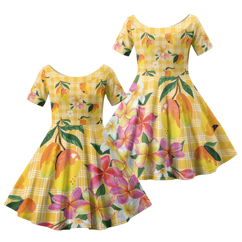Aloha Hawaii Palaka Print Mango Plumeria Family Matching Off Shoulder Maxi Dress and Hawaiian Shirt Fresh Lemon