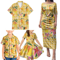 Aloha Hawaii Palaka Print Mango Plumeria Family Matching Puletasi and Hawaiian Shirt Fresh Lemon