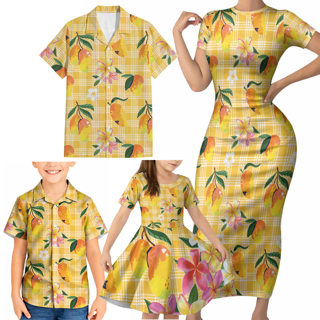 Aloha Hawaii Palaka Print Mango Plumeria Family Matching Short Sleeve Bodycon Dress and Hawaiian Shirt Fresh Lemon