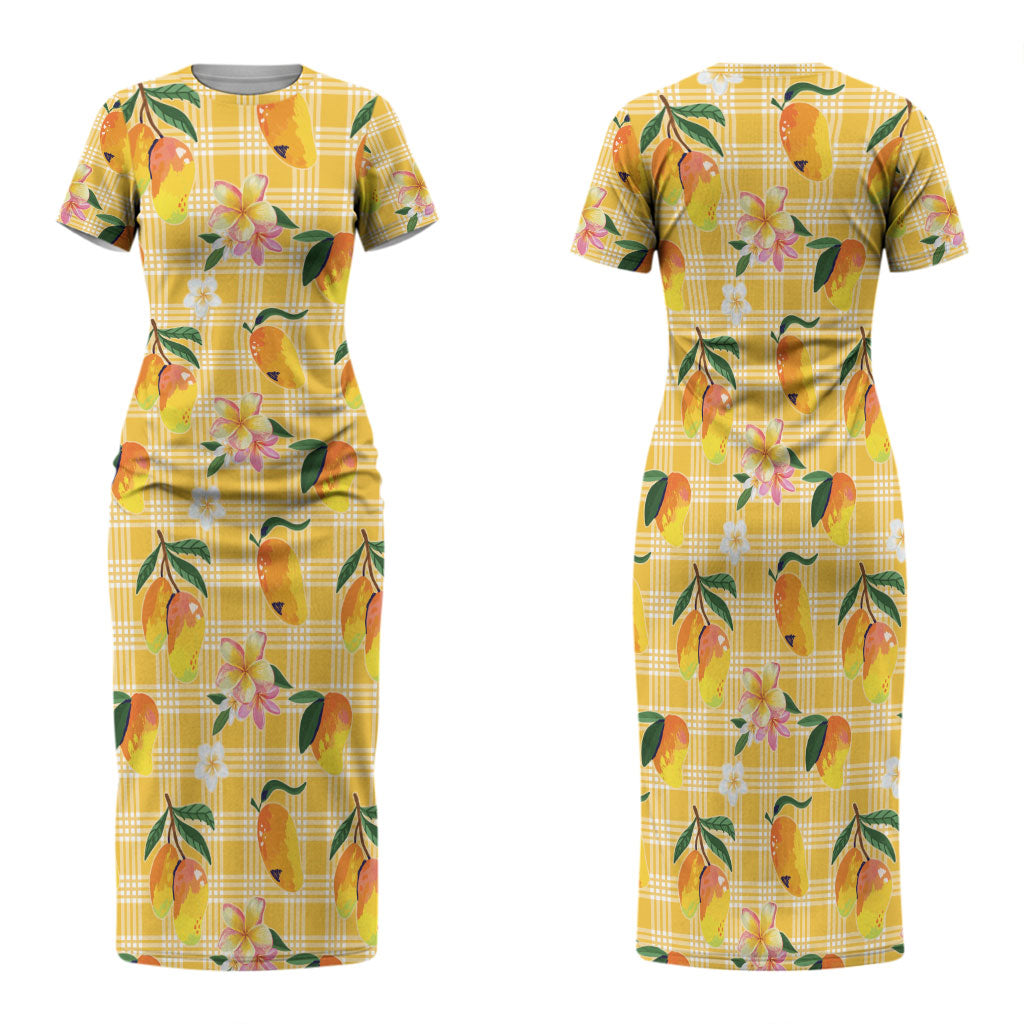 Aloha Hawaii Palaka Print Mango Plumeria Family Matching Short Sleeve Bodycon Dress and Hawaiian Shirt Fresh Lemon