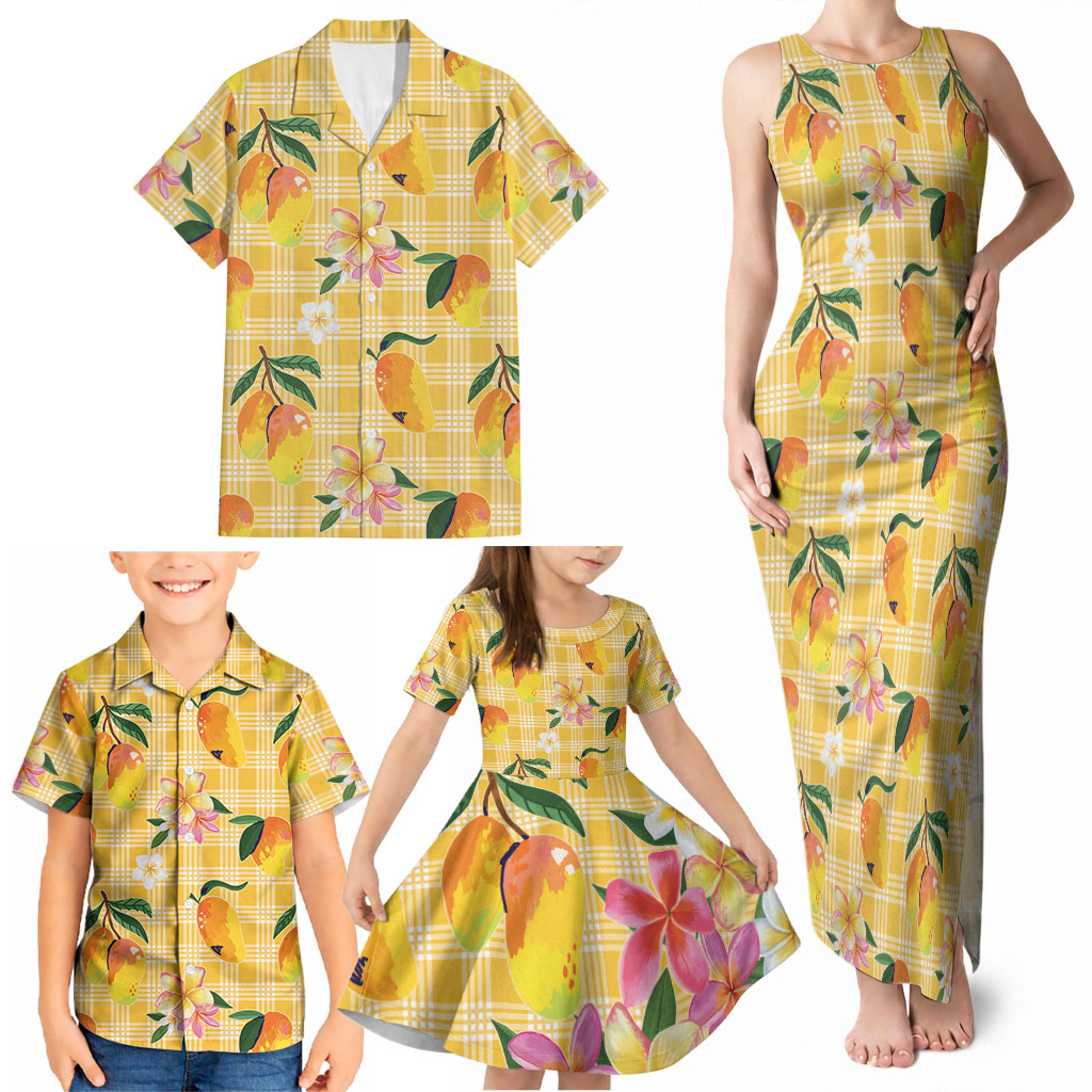 Aloha Hawaii Palaka Print Mango Plumeria Family Matching Tank Maxi Dress and Hawaiian Shirt Fresh Lemon