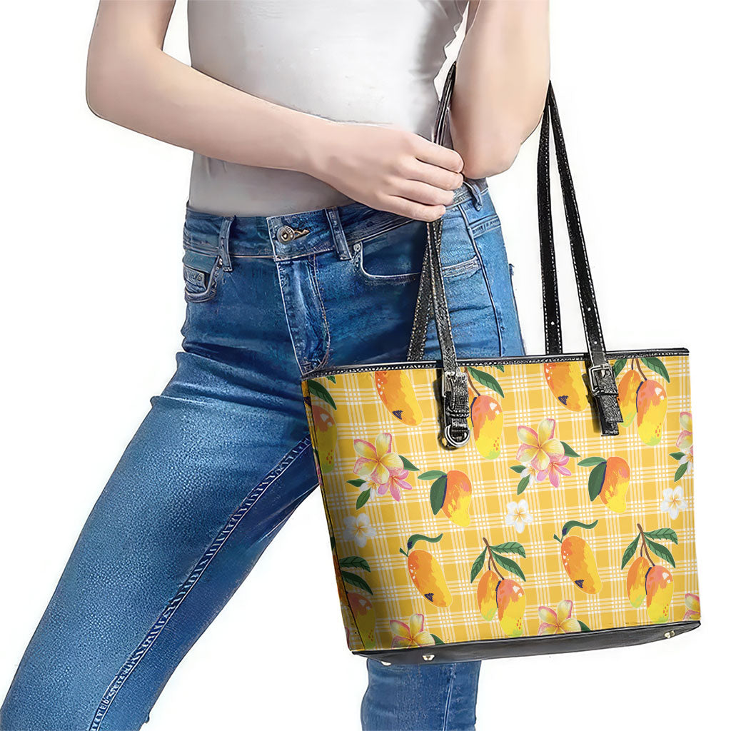 Aloha Hawaii Palaka Print Mango Plumeria Leather Tote Bag Fresh Lemon