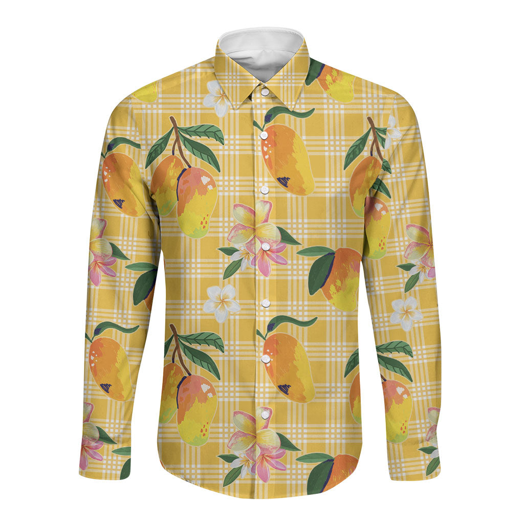 Aloha Hawaii Palaka Print Mango Plumeria Long Sleeve Button Shirt Fresh Lemon