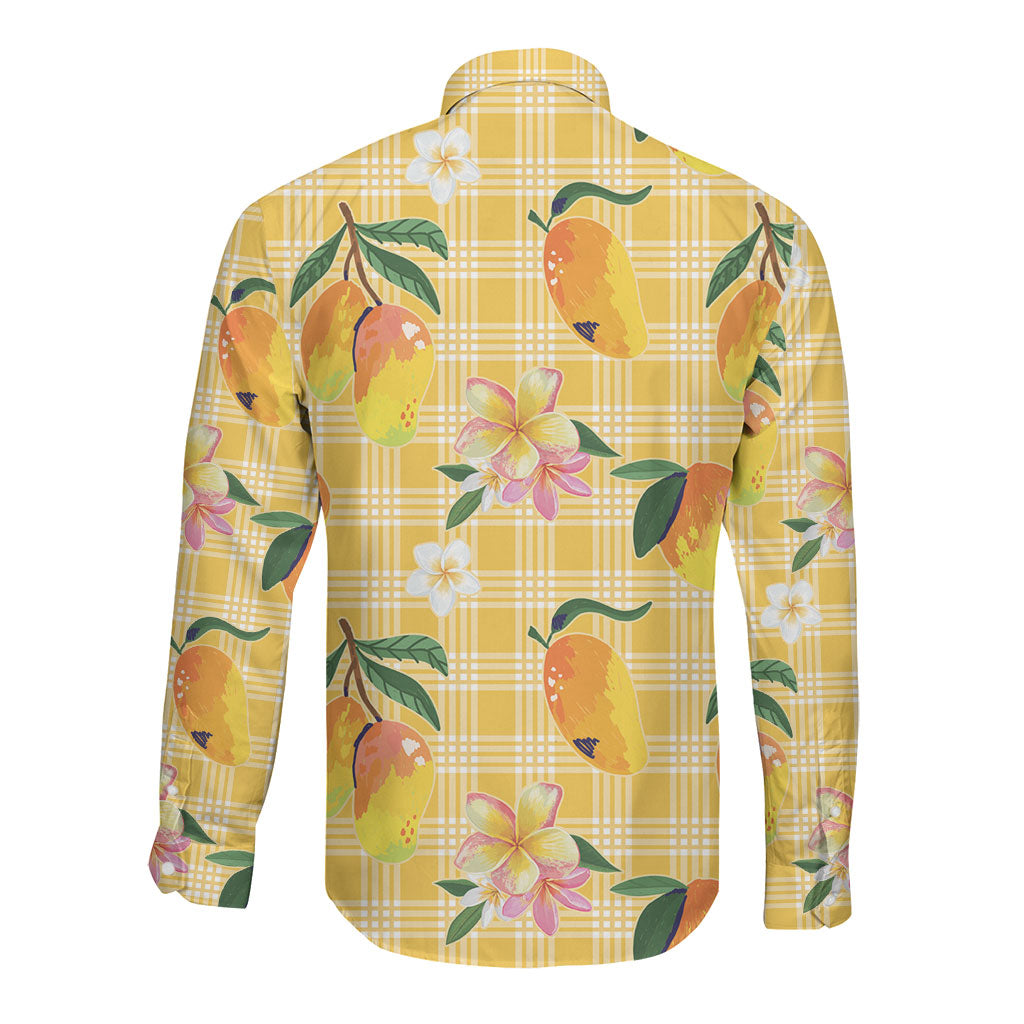Aloha Hawaii Palaka Print Mango Plumeria Long Sleeve Button Shirt Fresh Lemon