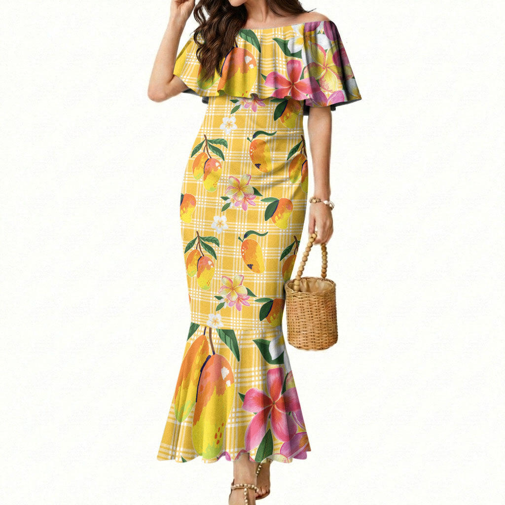 Aloha Hawaii Palaka Print Mango Plumeria Mermaid Dress Fresh Lemon