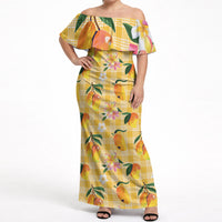 Aloha Hawaii Palaka Print Mango Plumeria Off Shoulder Maxi Dress Fresh Lemon