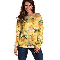 Aloha Hawaii Palaka Print Mango Plumeria Off Shoulder Sweater Fresh Lemon