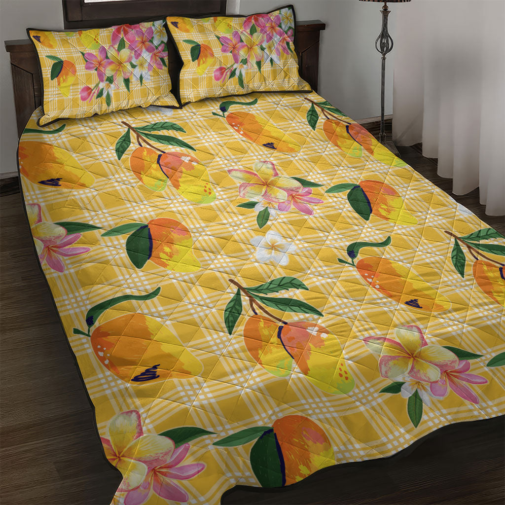 Aloha Hawaii Palaka Print Mango Plumeria Quilt Bed Set Fresh Lemon
