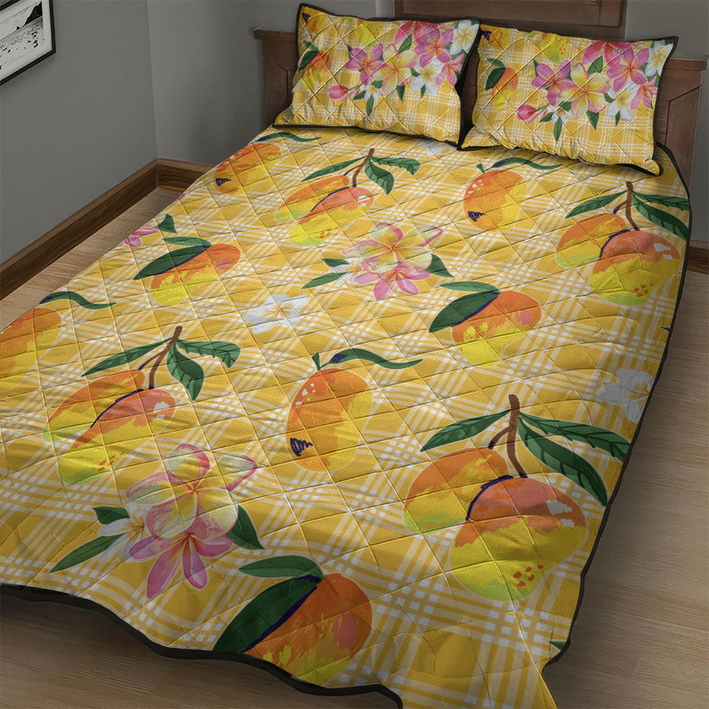 Aloha Hawaii Palaka Print Mango Plumeria Quilt Bed Set Fresh Lemon