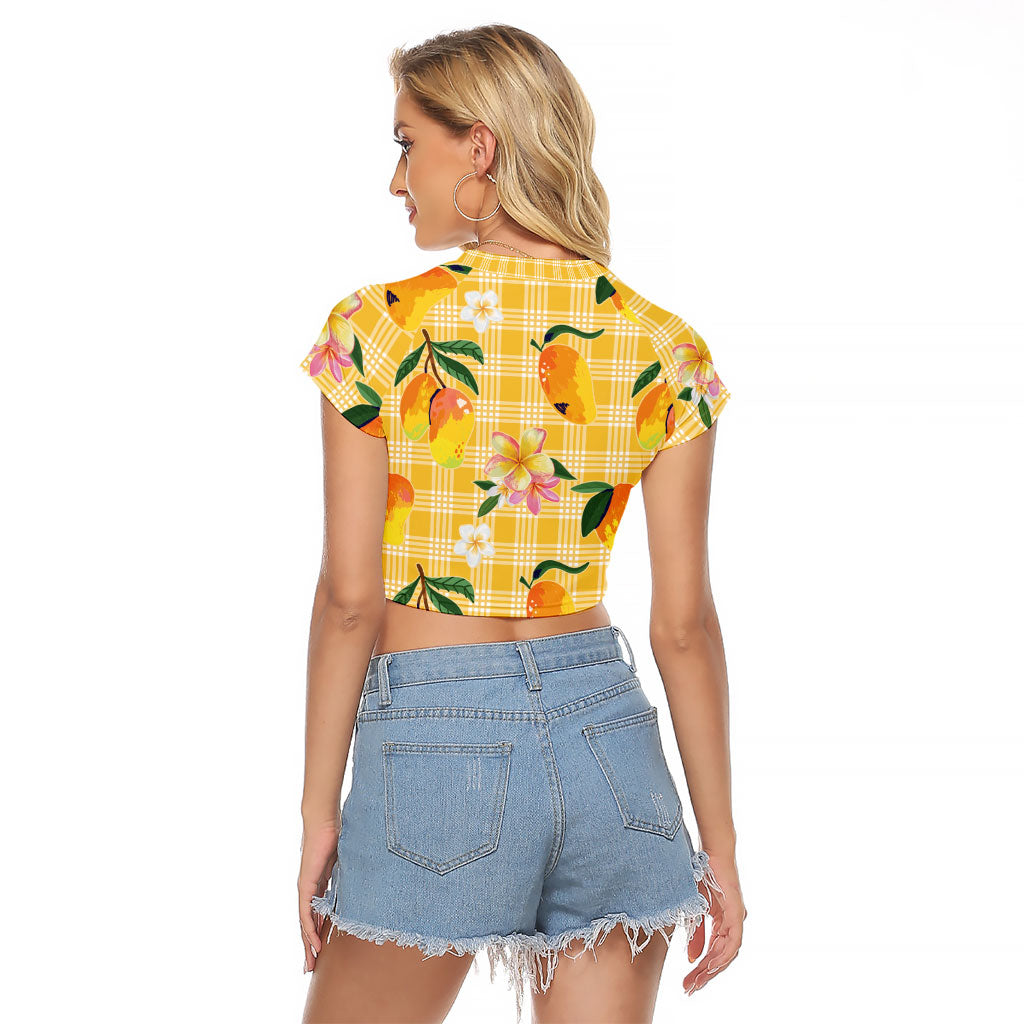 Aloha Hawaii Palaka Print Mango Plumeria Raglan Cropped T Shirt Fresh Lemon