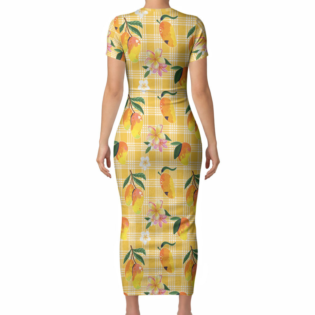 Aloha Hawaii Palaka Print Mango Plumeria Short Sleeve Bodycon Dress Fresh Lemon