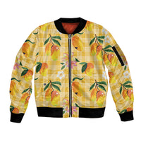 Aloha Hawaii Palaka Print Mango Plumeria Sleeve Zip Bomber Jacket Fresh Lemon