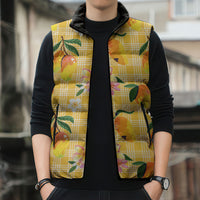 Aloha Hawaii Palaka Print Mango Plumeria Sleeveless Puffer Jacket Fresh Lemon