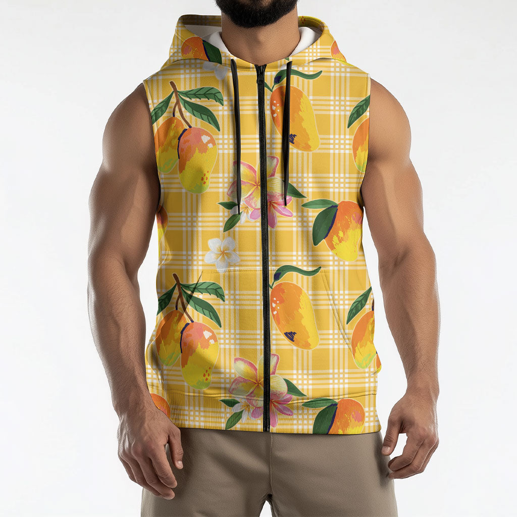 Aloha Hawaii Palaka Print Mango Plumeria Sleeveless Zip Hoodie Fresh Lemon