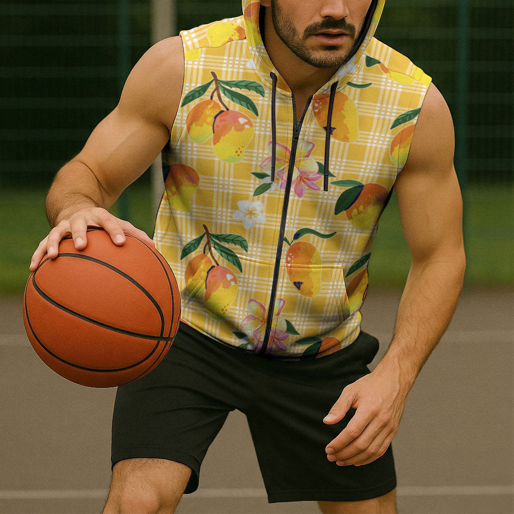 Aloha Hawaii Palaka Print Mango Plumeria Sleeveless Zip Hoodie Fresh Lemon