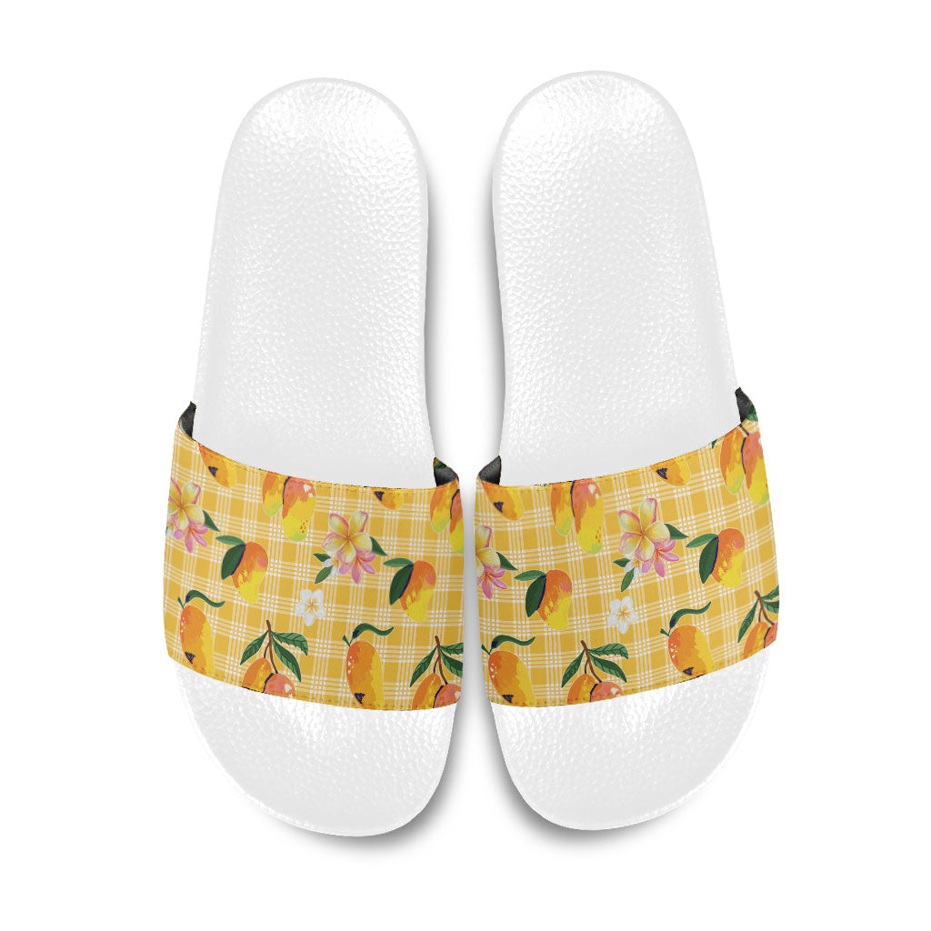 Aloha Hawaii Palaka Print Mango Plumeria Slide Sandals Fresh Lemon