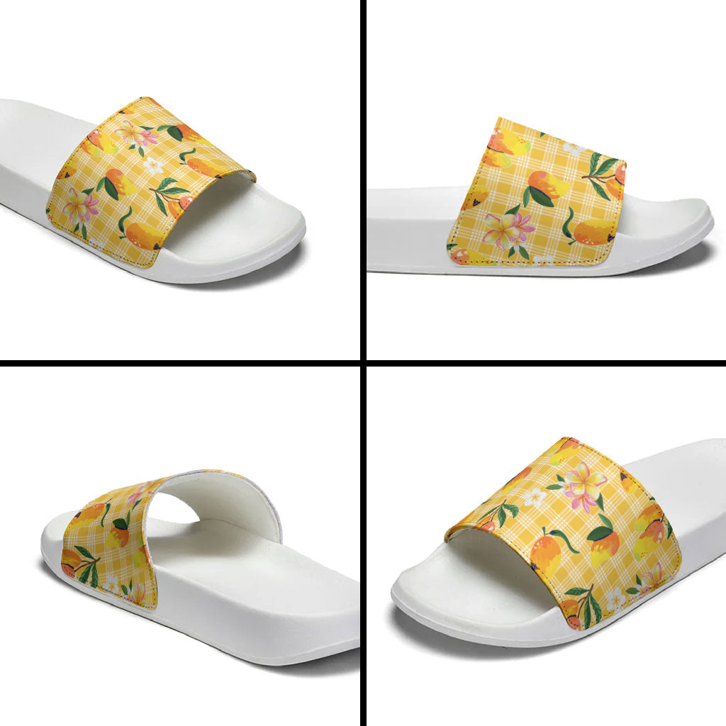 Aloha Hawaii Palaka Print Mango Plumeria Slide Sandals Fresh Lemon