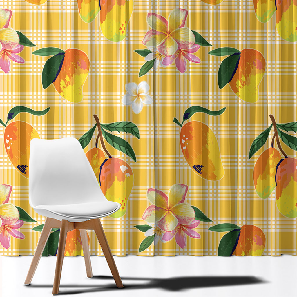 Aloha Hawaii Palaka Print Mango Plumeria Window Curtain Fresh Lemon