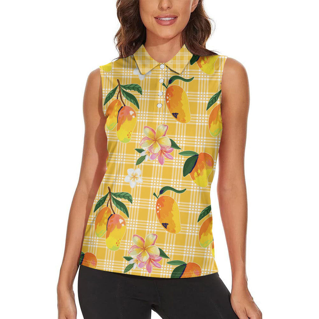 Aloha Hawaii Palaka Print Mango Plumeria Women Sleeveless Polo Shirt Fresh Lemon