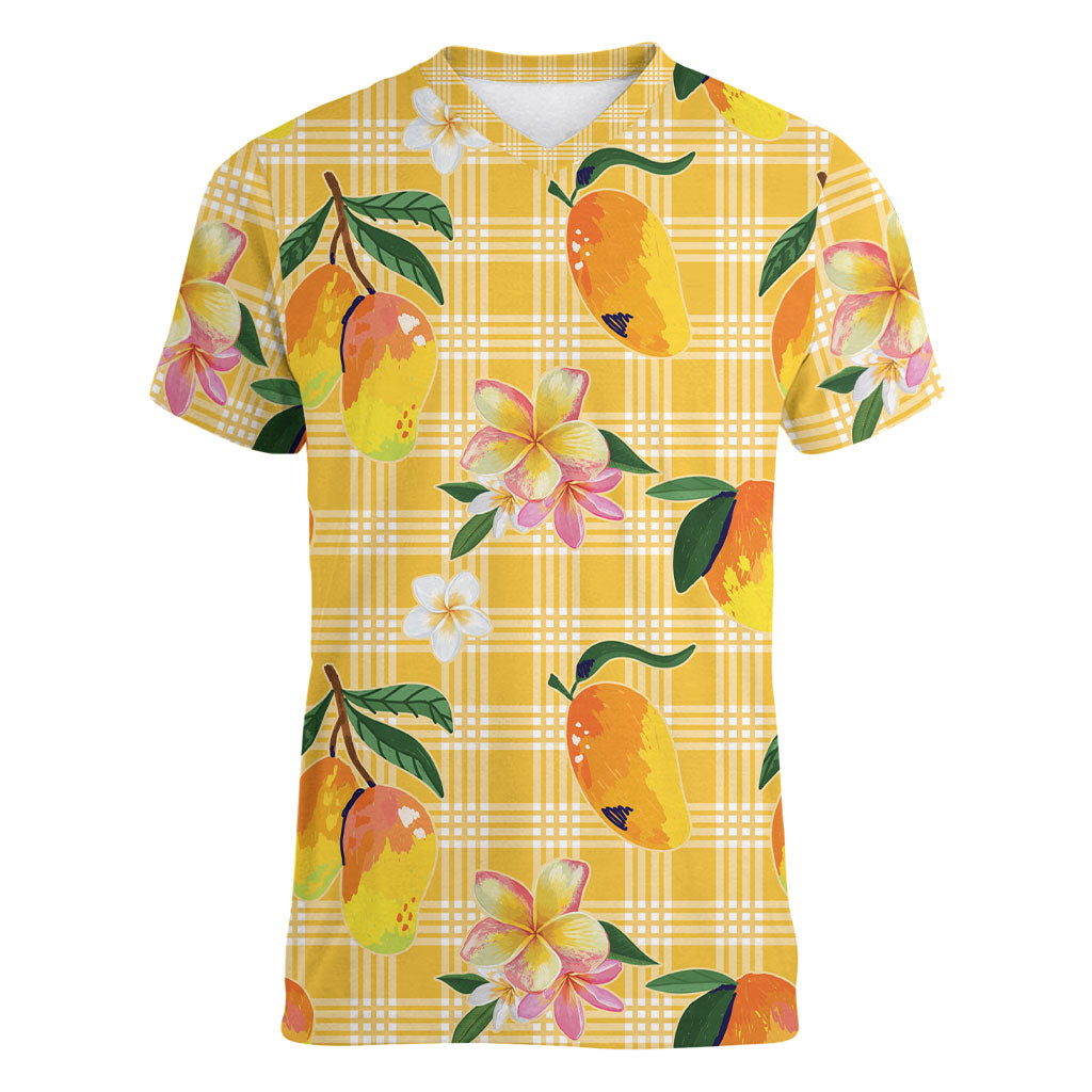 Aloha Hawaii Palaka Print Mango Plumeria Women V-Neck T-Shirt Fresh Lemon