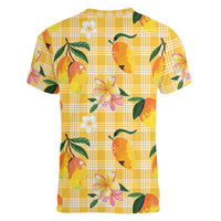 Aloha Hawaii Palaka Print Mango Plumeria Women V-Neck T-Shirt Fresh Lemon
