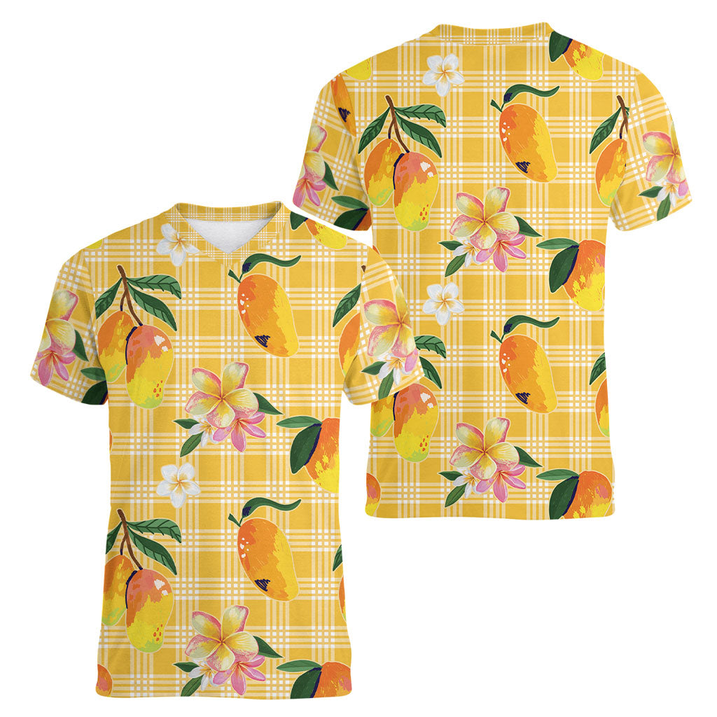 Aloha Hawaii Palaka Print Mango Plumeria Women V-Neck T-Shirt Fresh Lemon