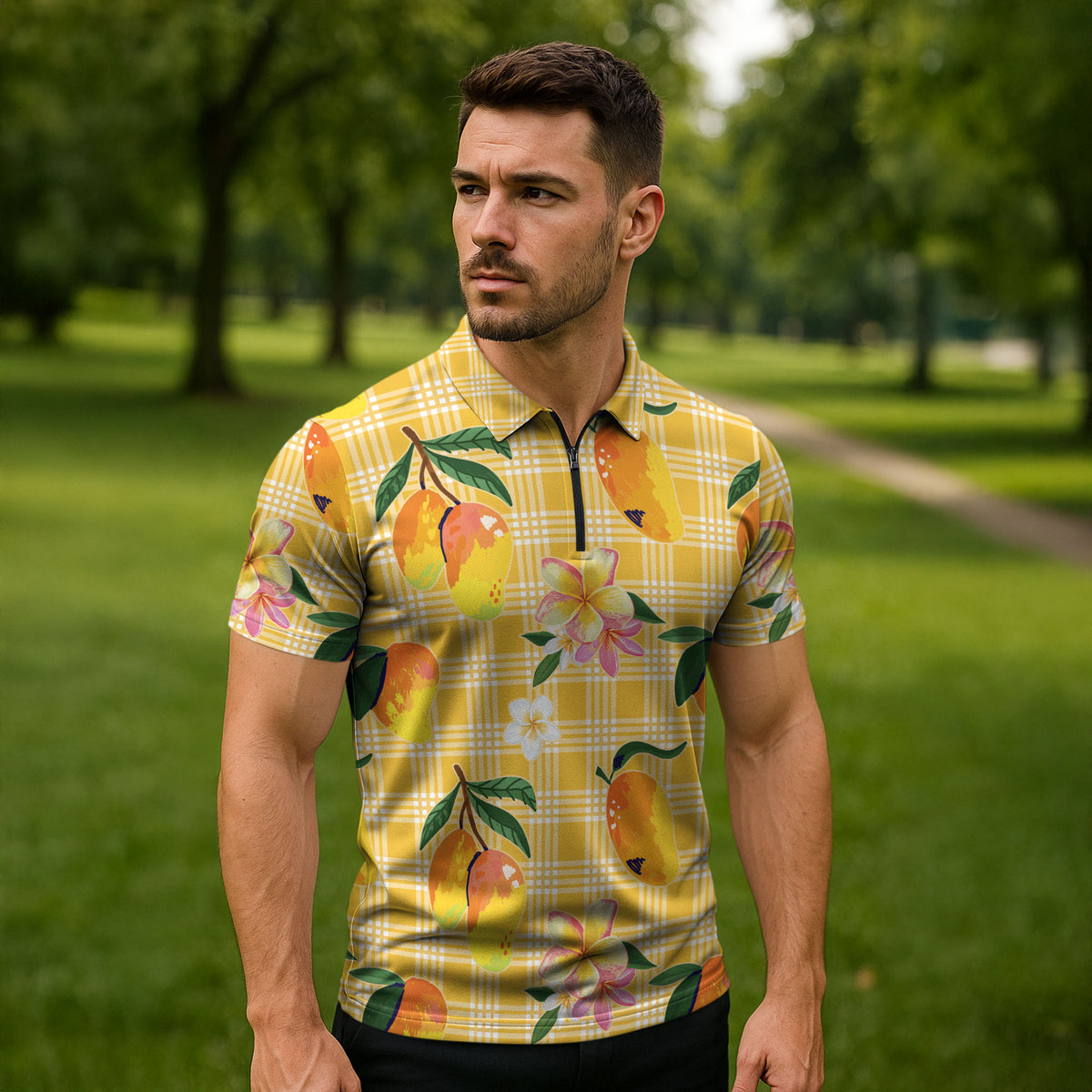 Aloha Hawaii Palaka Print Mango Plumeria Zipper Polo Shirt Fresh Lemon