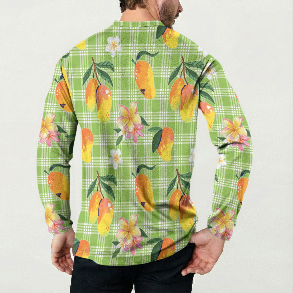 Aloha Hawaii Palaka Print Mango Plumeria Button Sweatshirt Cool Mint
