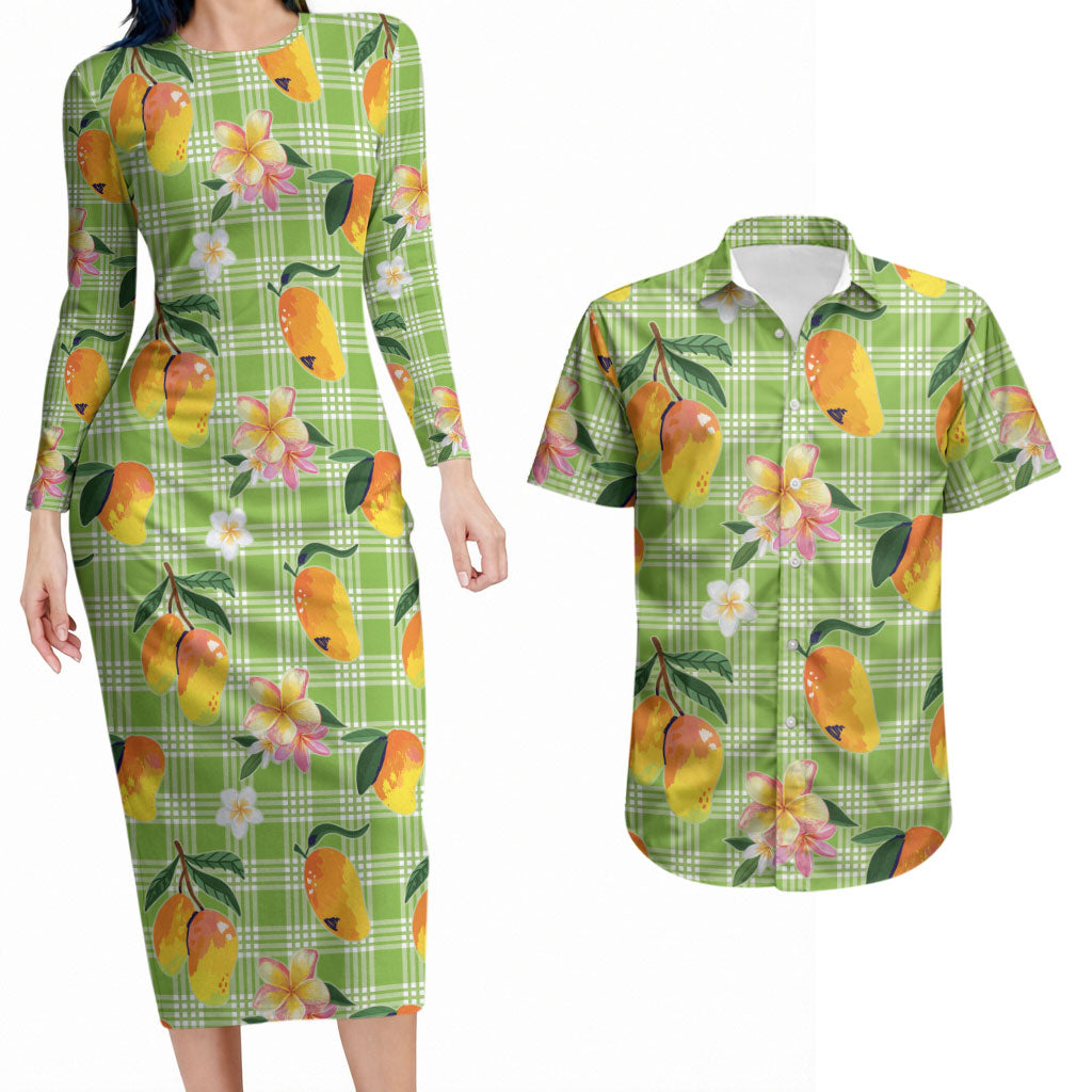 Aloha Hawaii Palaka Print Mango Plumeria Couples Matching Long Sleeve Bodycon Dress and Hawaiian Shirt Cool Mint