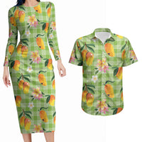 Aloha Hawaii Palaka Print Mango Plumeria Couples Matching Long Sleeve Bodycon Dress and Hawaiian Shirt Cool Mint