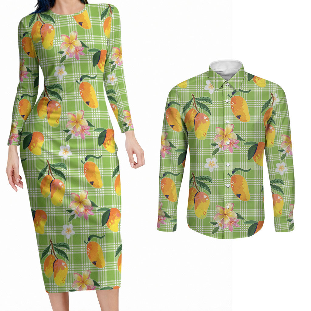 Aloha Hawaii Palaka Print Mango Plumeria Couples Matching Long Sleeve Bodycon Dress and Long Sleeve Button Shirt Cool Mint