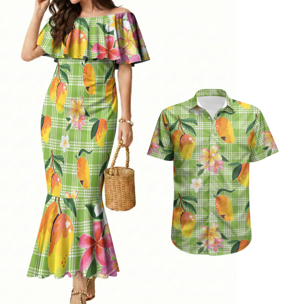 Aloha Hawaii Palaka Print Mango Plumeria Couples Matching Mermaid Dress and Hawaiian Shirt Cool Mint