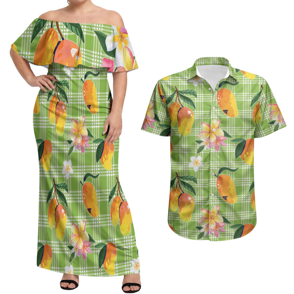 Aloha Hawaii Palaka Print Mango Plumeria Couples Matching Off Shoulder Maxi Dress and Hawaiian Shirt Cool Mint
