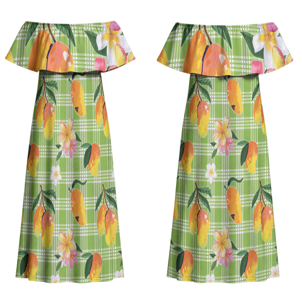 Aloha Hawaii Palaka Print Mango Plumeria Couples Matching Off Shoulder Maxi Dress and Hawaiian Shirt Cool Mint