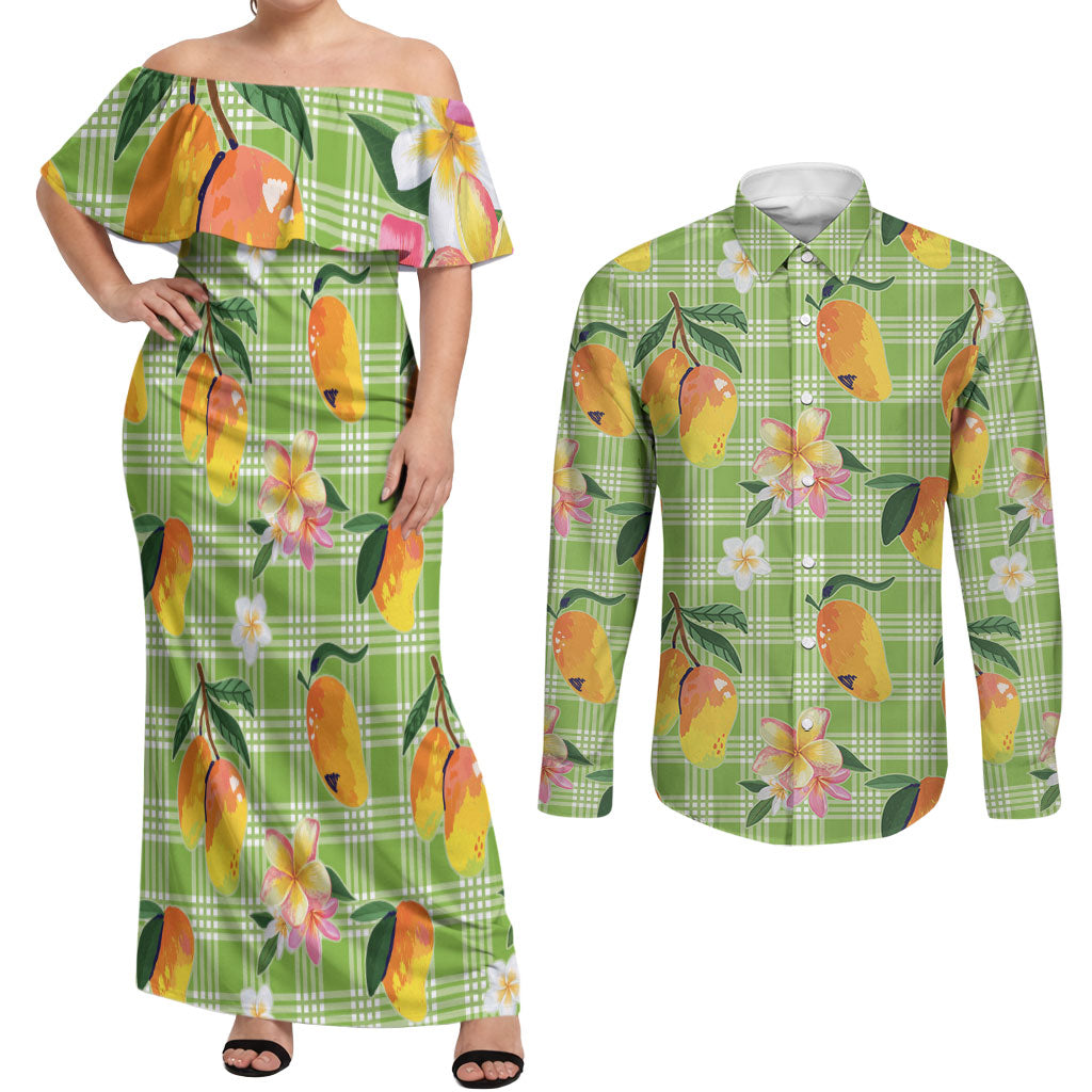 Aloha Hawaii Palaka Print Mango Plumeria Couples Matching Off Shoulder Maxi Dress and Long Sleeve Button Shirt Cool Mint