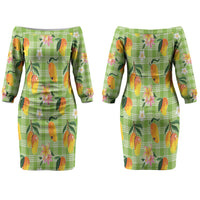 Aloha Hawaii Palaka Print Mango Plumeria Couples Matching Off The Shoulder Long Sleeve Dress and Hawaiian Shirt Cool Mint