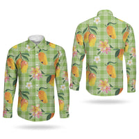 Aloha Hawaii Palaka Print Mango Plumeria Couples Matching Off The Shoulder Long Sleeve Dress and Long Sleeve Button Shirt Cool Mint