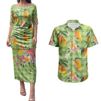 Aloha Hawaii Palaka Print Mango Plumeria Couples Matching Puletasi and Hawaiian Shirt Cool Mint