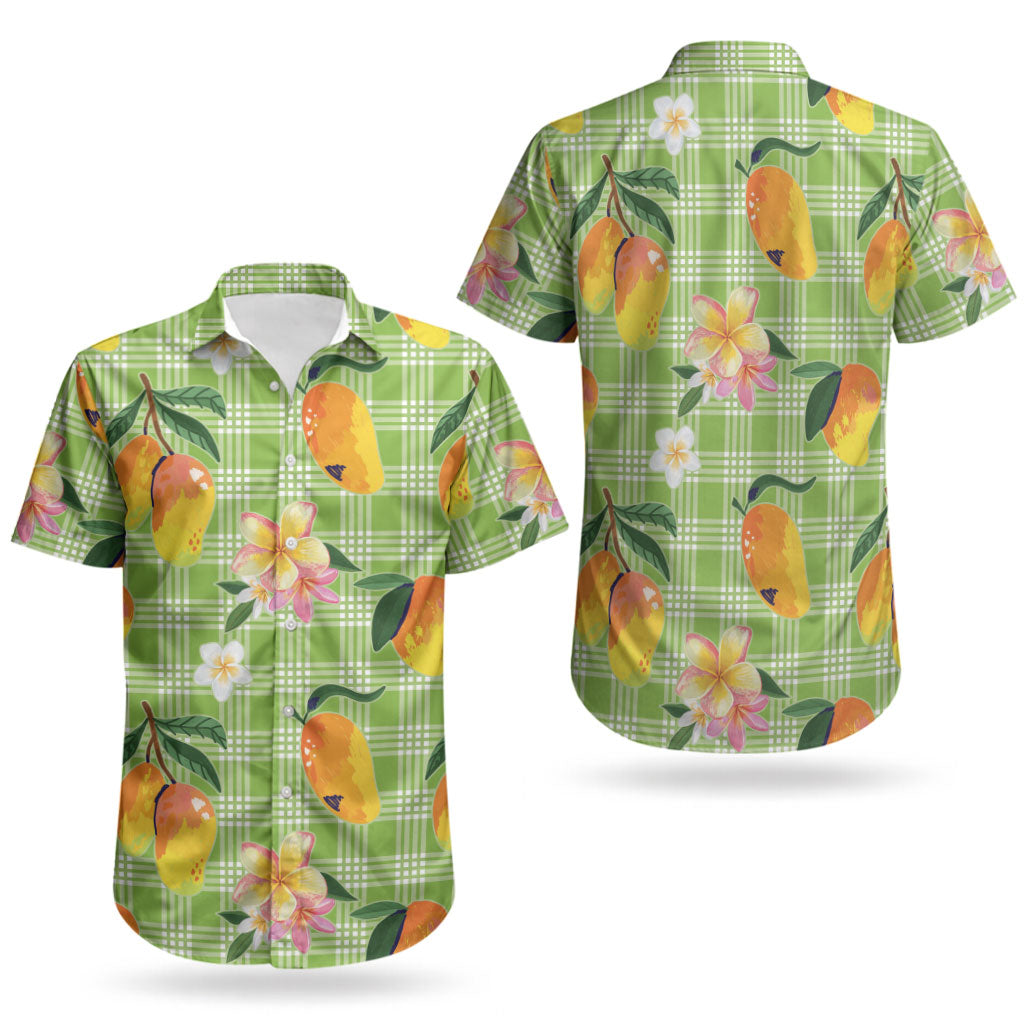 Aloha Hawaii Palaka Print Mango Plumeria Couples Matching Puletasi and Hawaiian Shirt Cool Mint