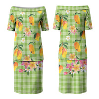 Aloha Hawaii Palaka Print Mango Plumeria Couples Matching Puletasi and Hawaiian Shirt Cool Mint