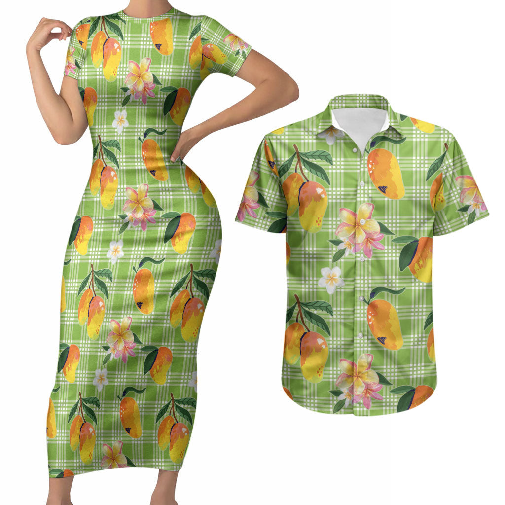 Aloha Hawaii Palaka Print Mango Plumeria Couples Matching Short Sleeve Bodycon Dress and Hawaiian Shirt Cool Mint