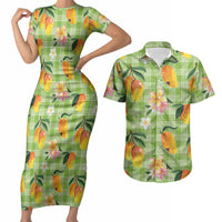 Aloha Hawaii Palaka Print Mango Plumeria Couples Matching Short Sleeve Bodycon Dress and Hawaiian Shirt Cool Mint